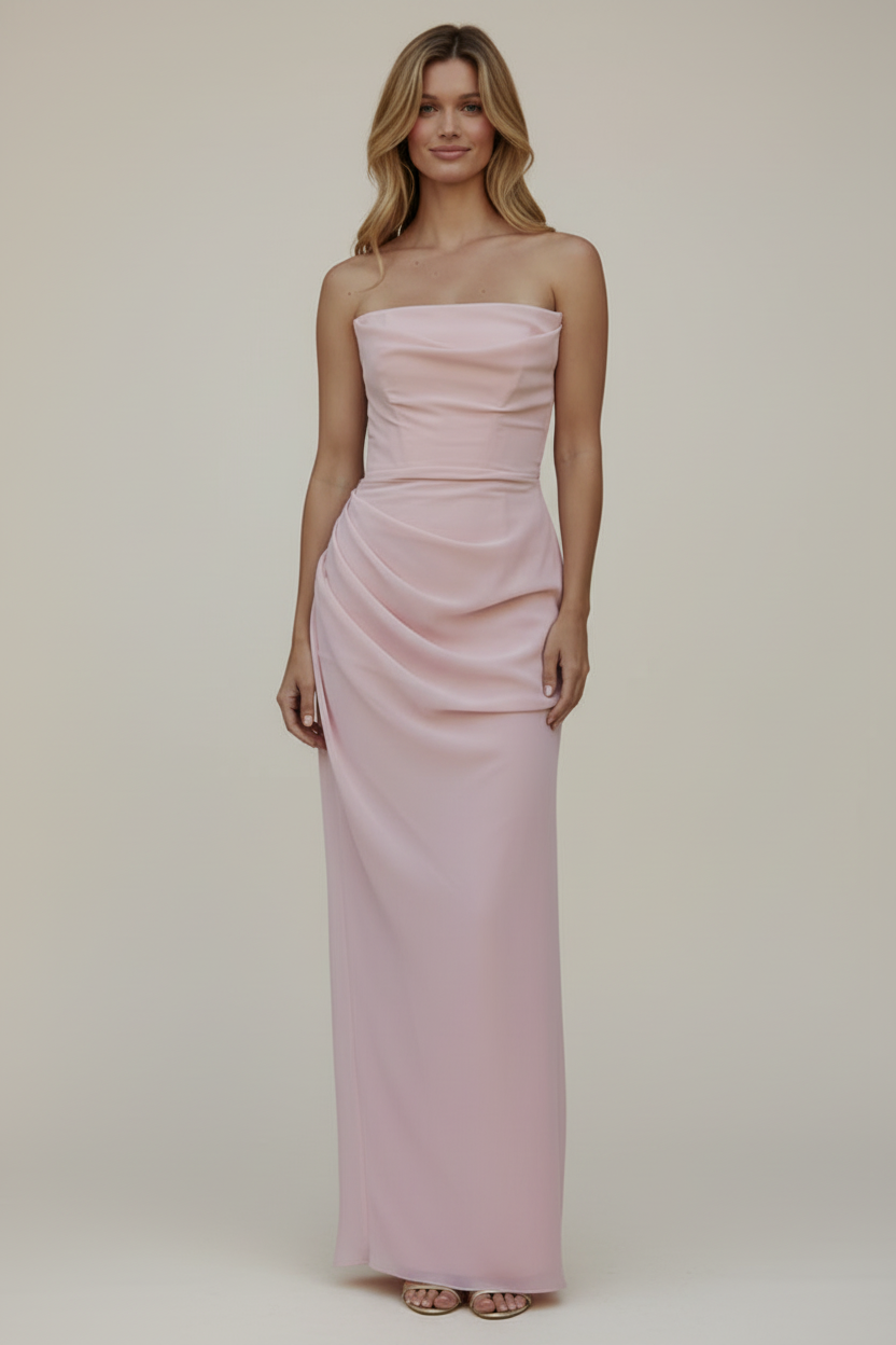 Strapless Long Womens Dress with Fitted Structure and Side Slit