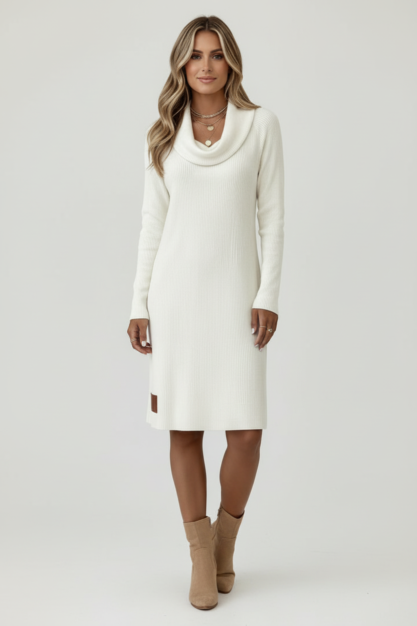 Knee Length Womens Dress with Draped Neckline and Ribbed Texture