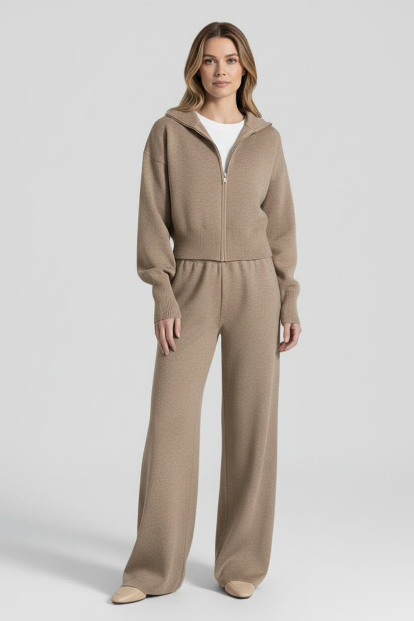 Zip Front Knit Two Piece Set with Stand Collar