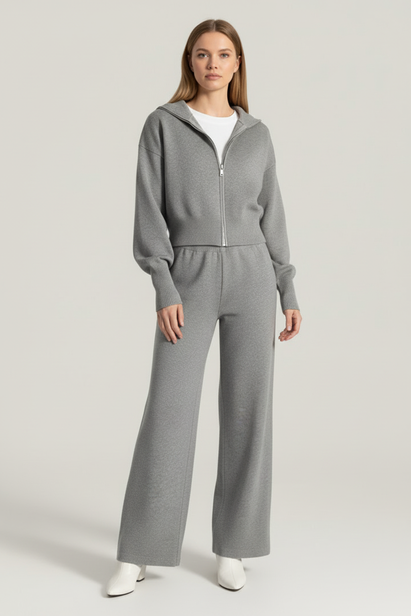 Zip Front Knit Two Piece Set with Stand Collar