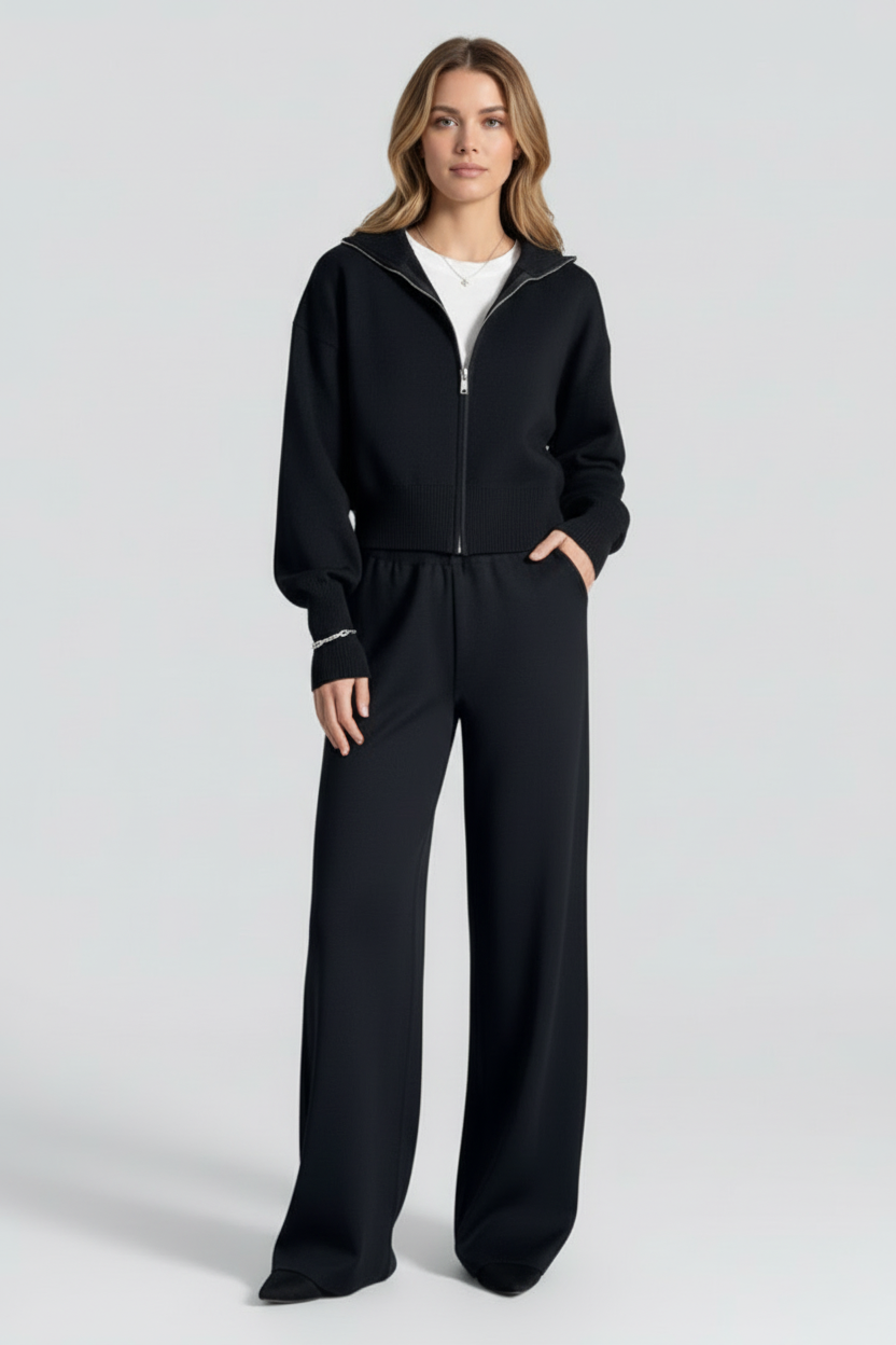 Zip Front Knit Two Piece Set with Stand Collar