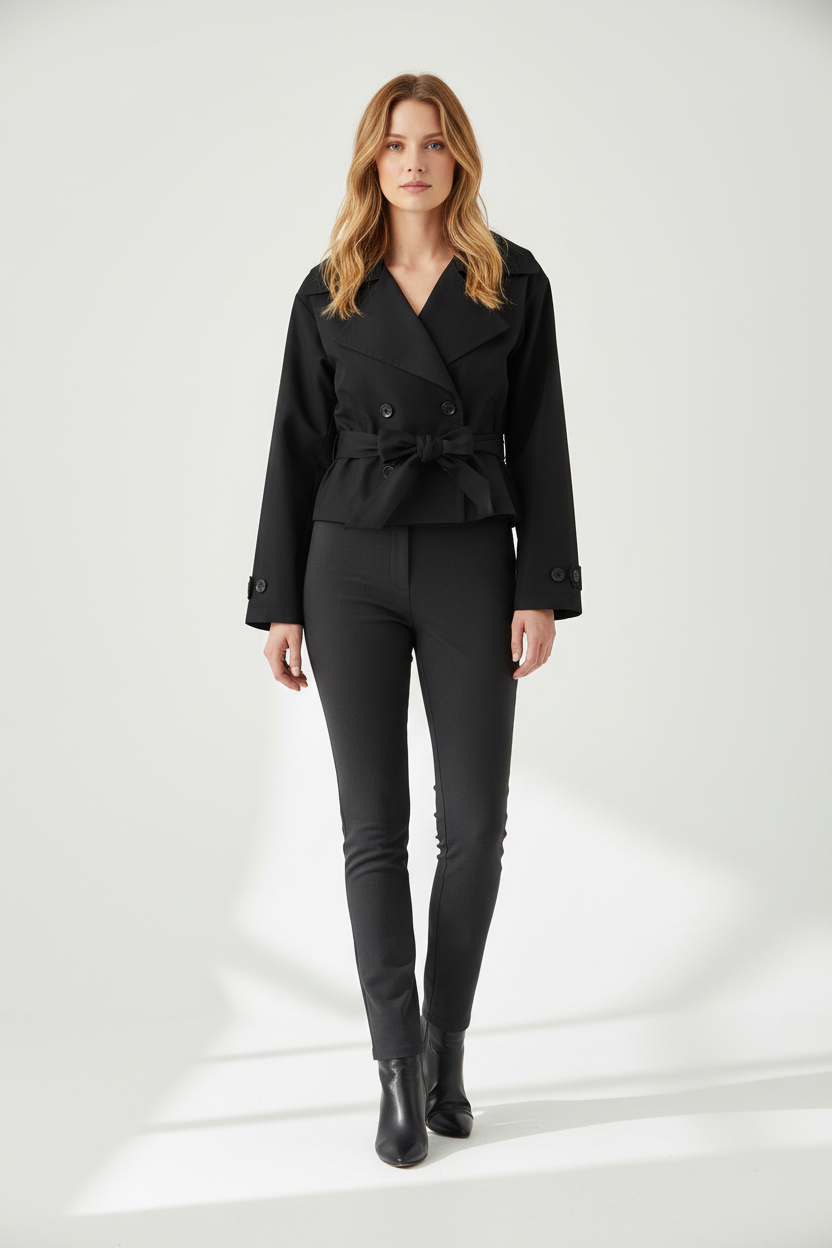 Double Breasted Cropped Trench Coat with Belted Waist
