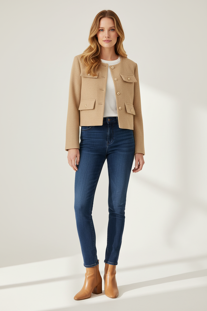 Cropped Textured Jacket with Button Up Front