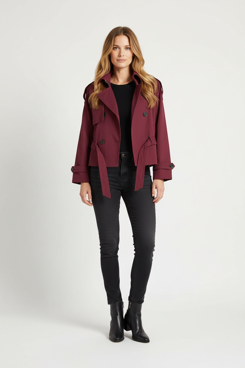 Cropped Trench Coat with High Neck and Belted Waist