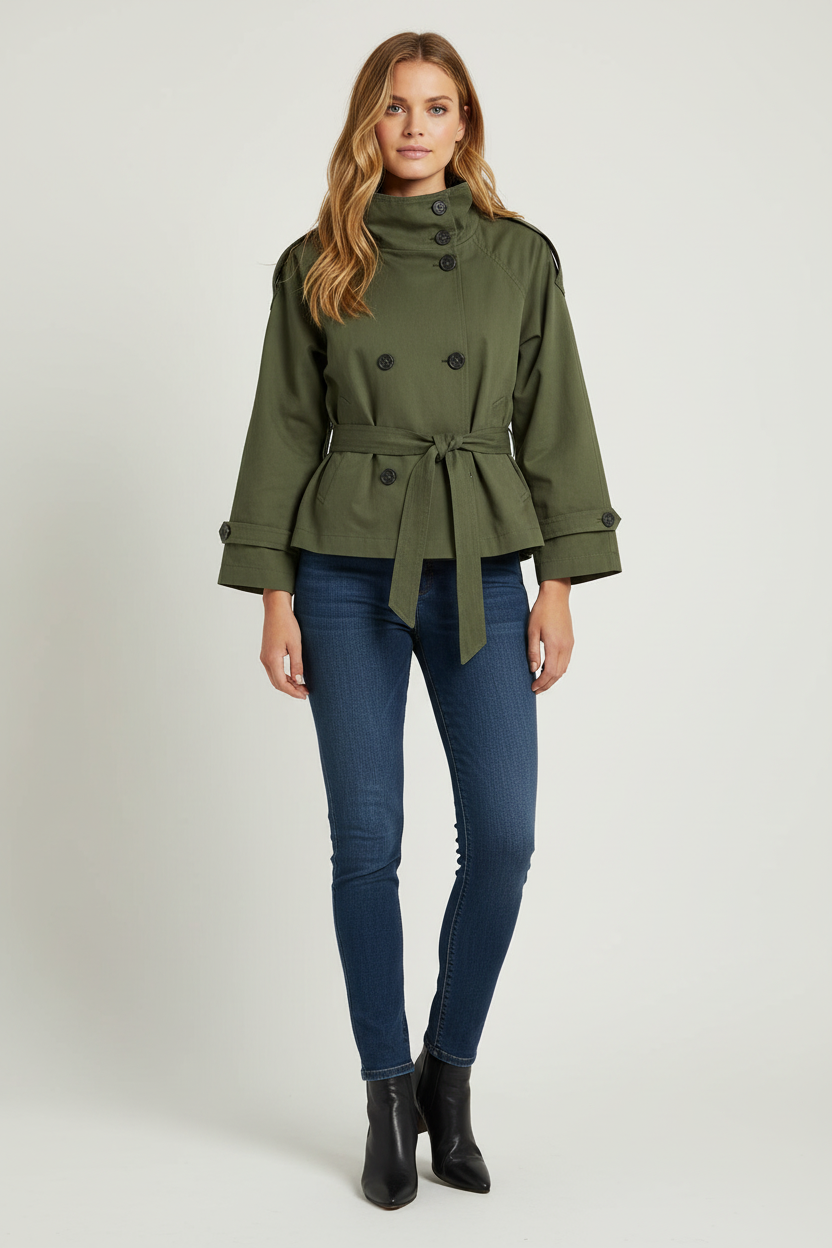 Cropped Trench Coat with High Neck and Belted Waist