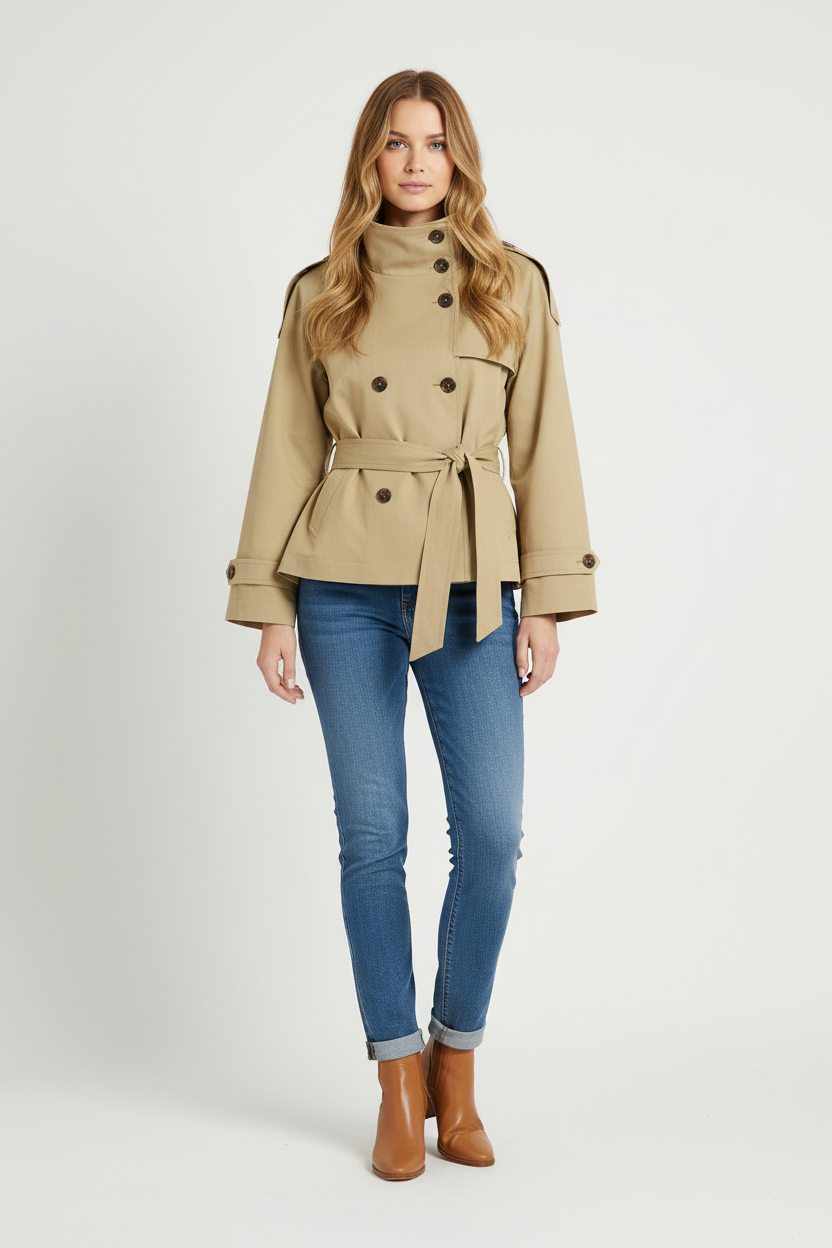 Cropped Trench Coat with High Neck and Belted Waist