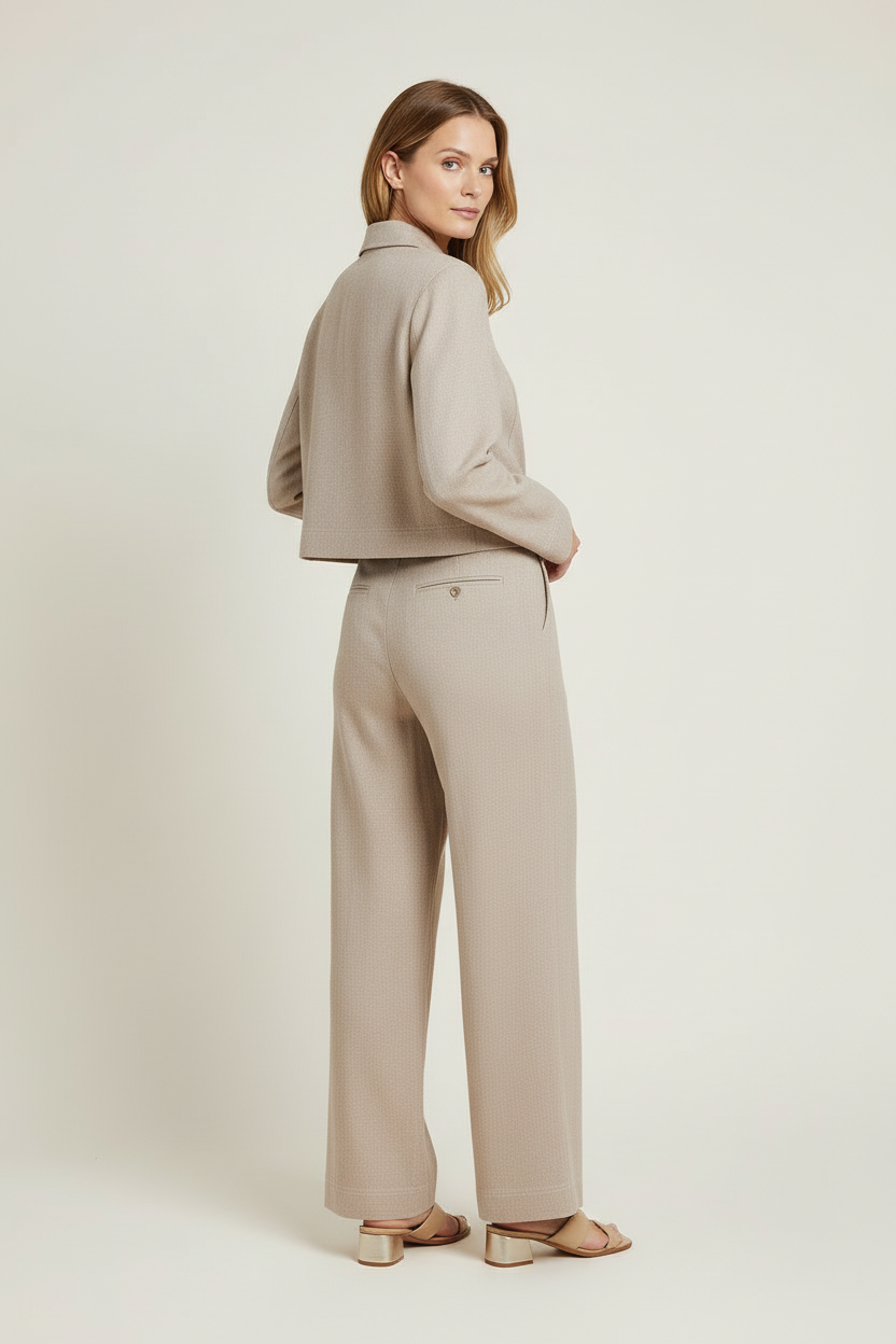 Zip Front Cropped Denim Jacket and Wide Leg Trouser Set