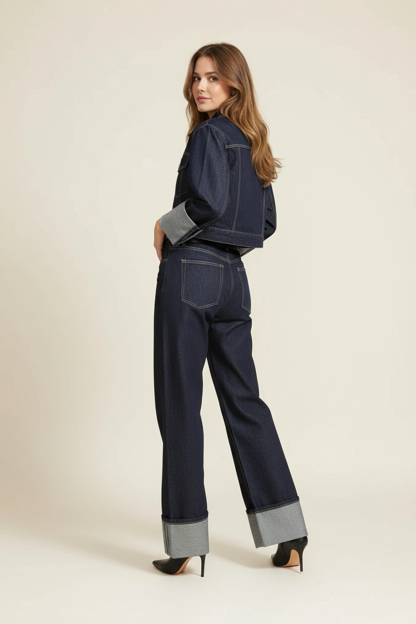 Cropped Denim Jacket and Wide Leg Jeans Two Piece Set