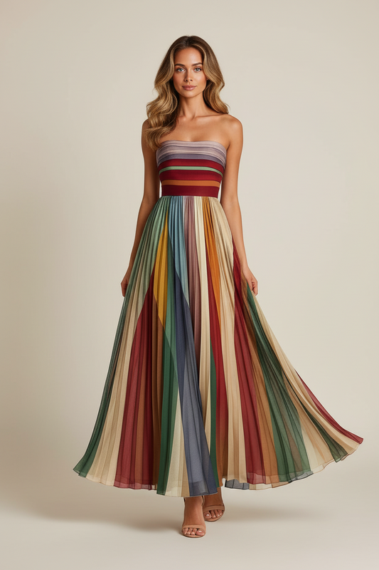 Pleated Strapless Maxi Dress in Jewel Tones