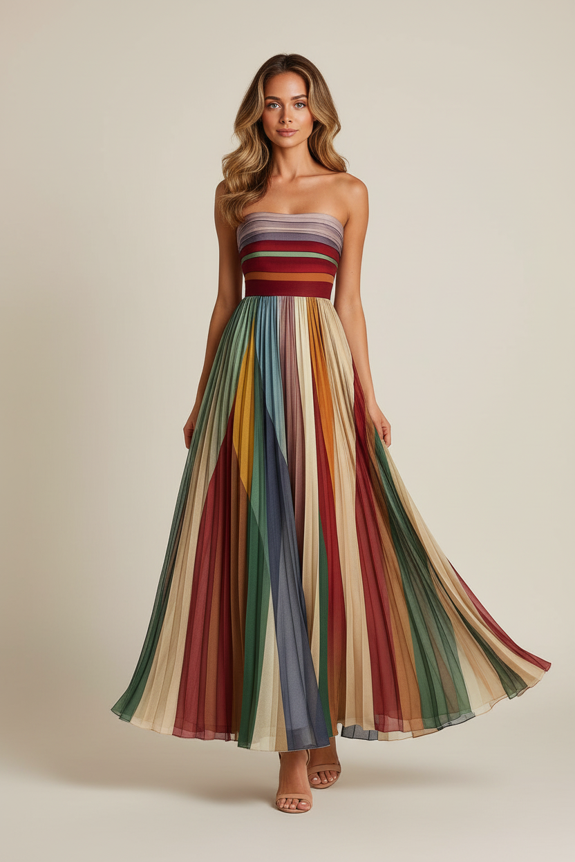 Pleated Strapless Maxi Dress in Jewel Tones
