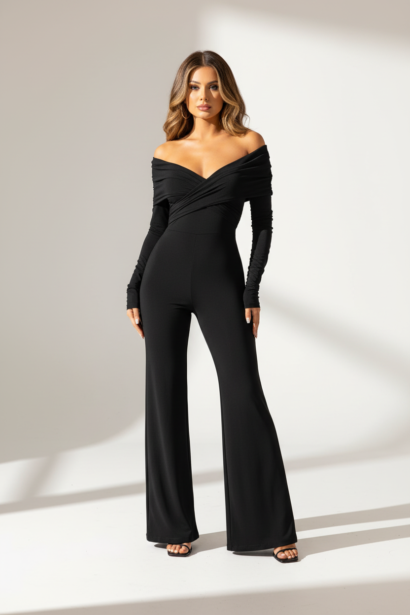 V Neck Crossover Jumpsuit With Flared Trousers