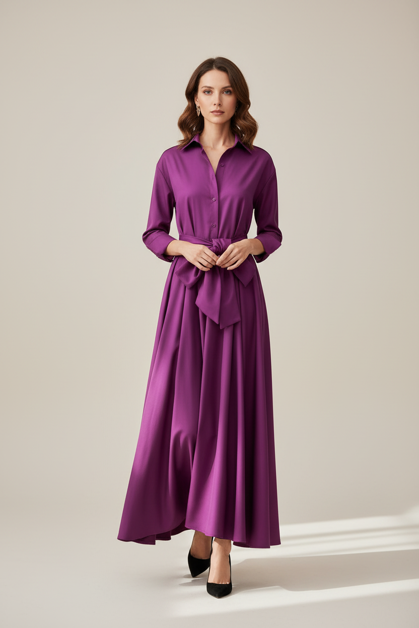 Tie Waist Shirt Style Maxi Dress