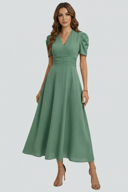 Women’s V-Neck Midi Dress with Ruched Waist and Short Sleeves
