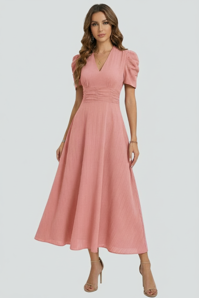 Women’s V-Neck Midi Dress with Ruched Waist and Short Sleeves