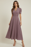 Women’s V-Neck Midi Dress with Ruched Waist and Short Sleeves