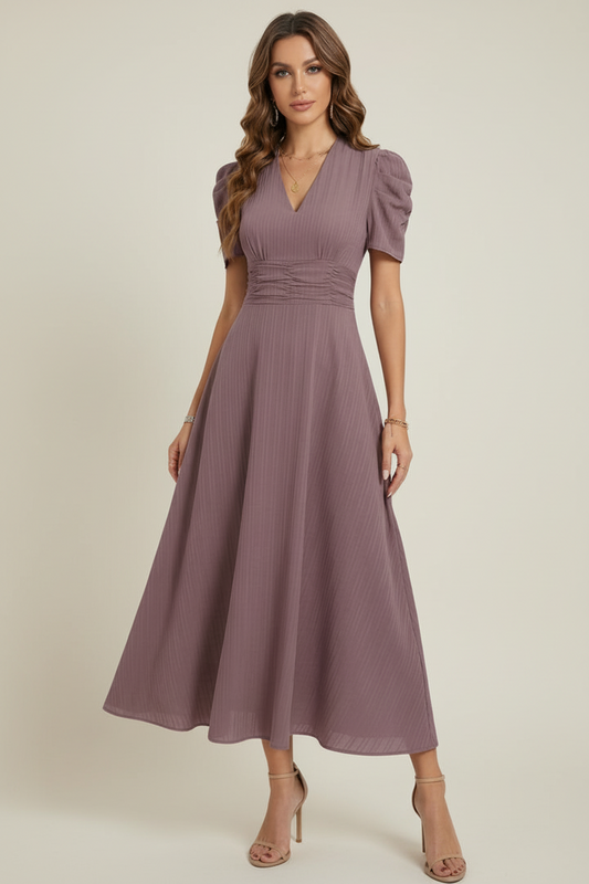 Women’s V-Neck Midi Dress with Ruched Waist and Short Sleeves