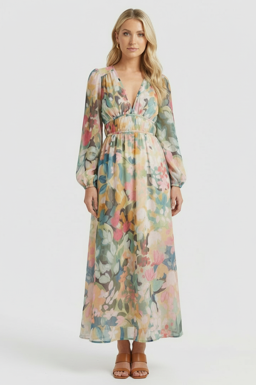 Women’s Floral Maxi Dress with V-Neck and Long Sleeves