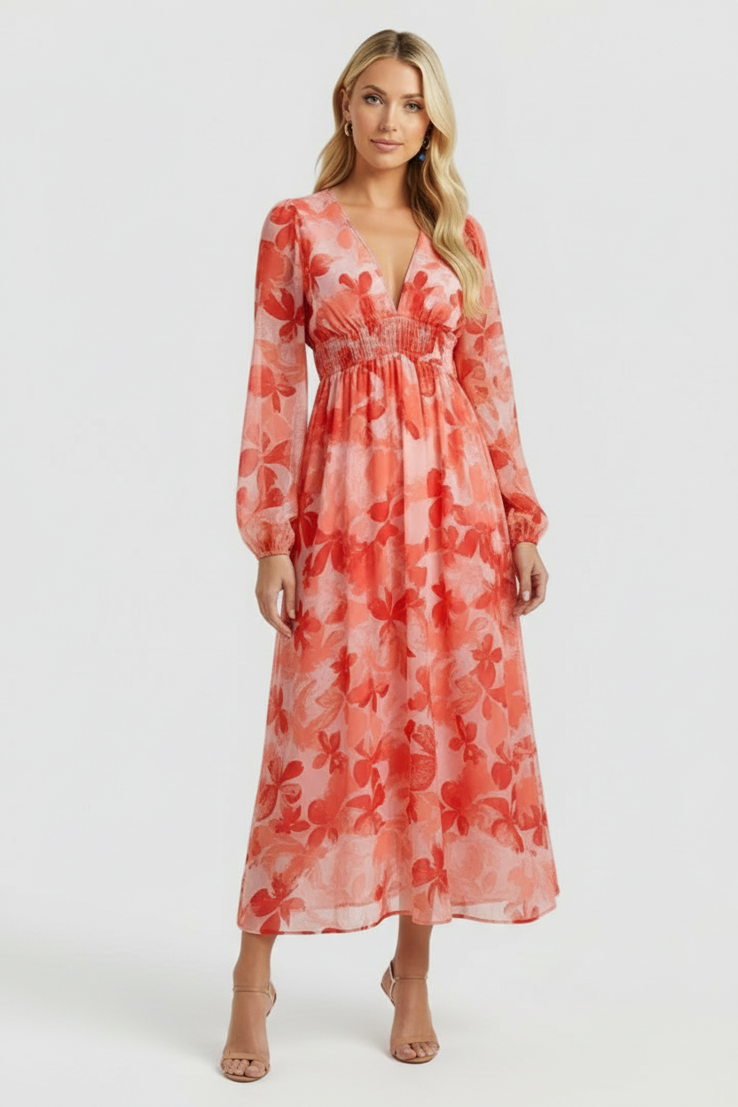 Women’s Floral Maxi Dress with V-Neck and Long Sleeves