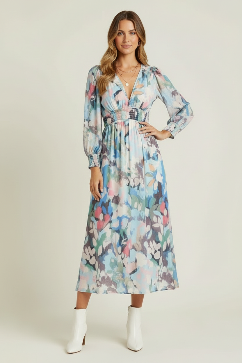 Women’s Floral Maxi Dress with V-Neck and Long Sleeves
