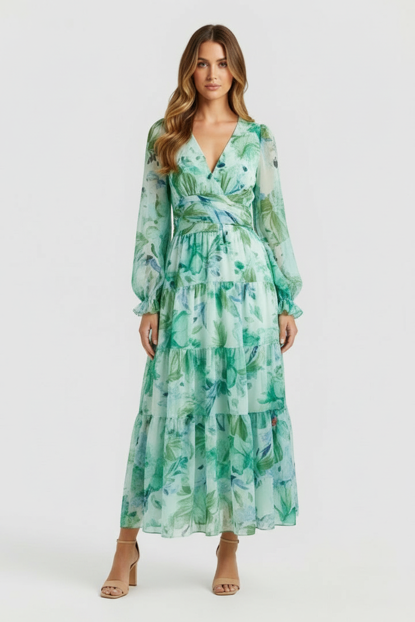 Women’s Floral Maxi Dress with V-Neck and Long Sleeves