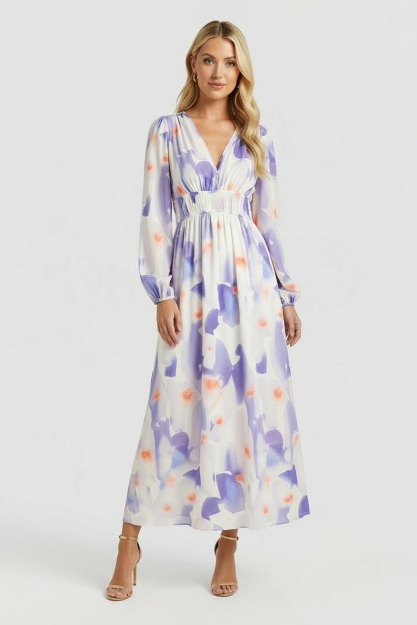 Women’s Floral Maxi Dress with V-Neck and Long Sleeves
