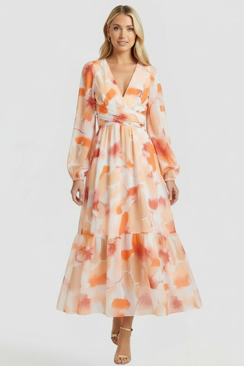Women’s Floral Maxi Dress with V-Neck and Long Sleeves
