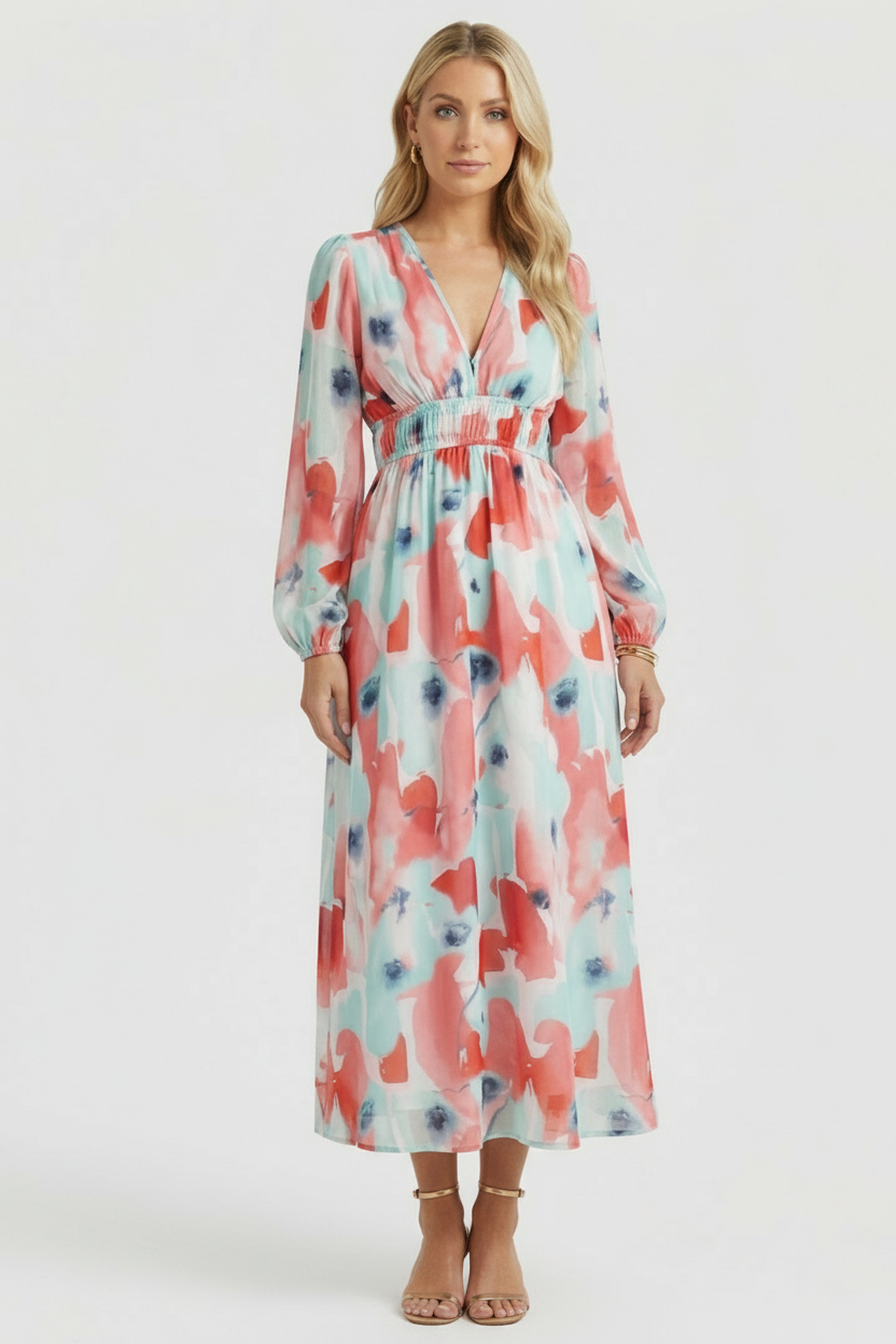 Women’s Floral Maxi Dress with V-Neck and Long Sleeves