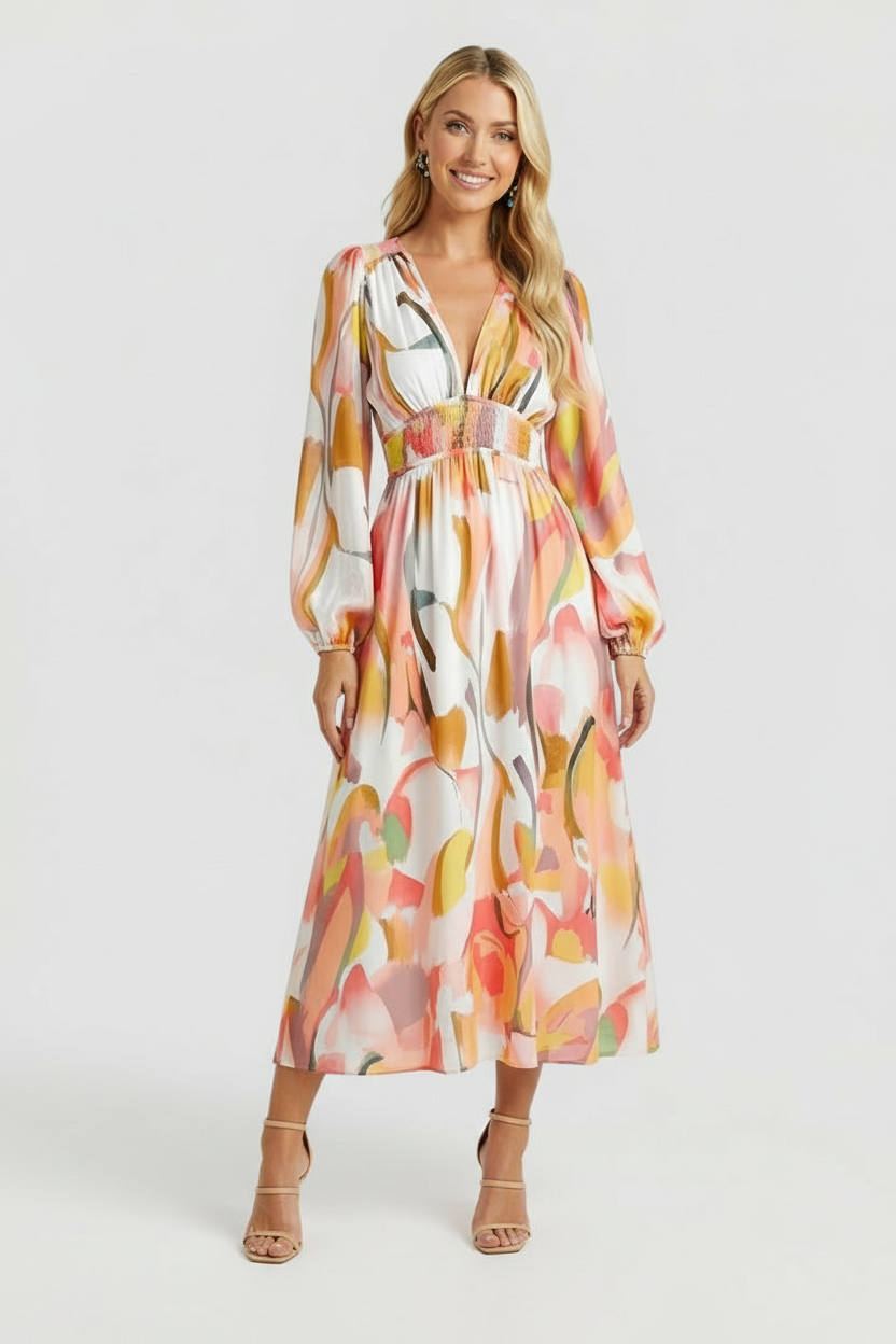 Women’s Floral Maxi Dress with V-Neck and Long Sleeves
