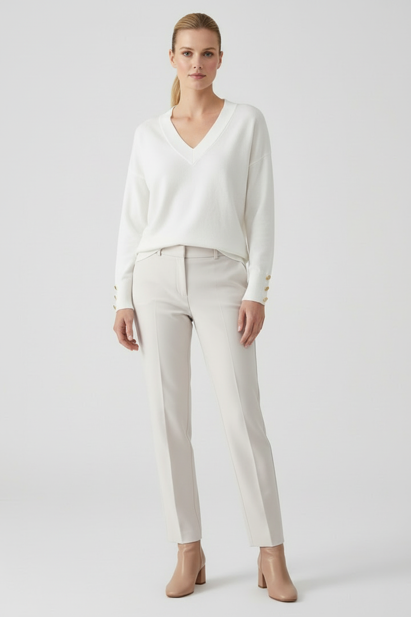 V Neck Womens Sweater with Dropped Shoulders and Buttoned Cuffs