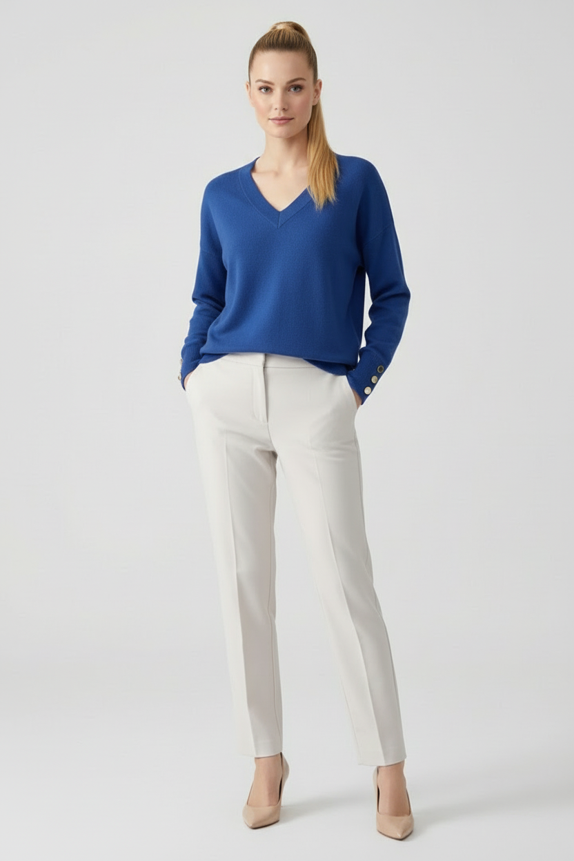 V Neck Womens Sweater with Dropped Shoulders and Buttoned Cuffs