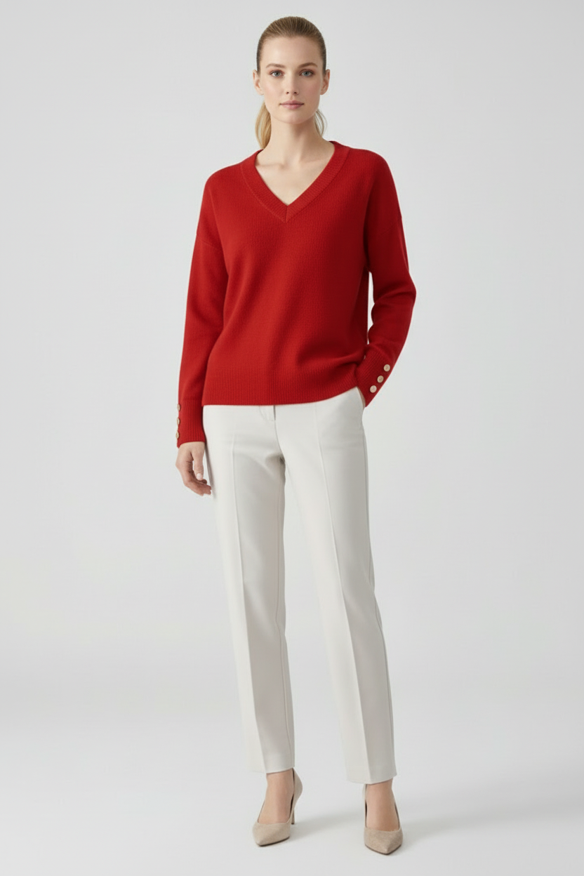 V Neck Womens Sweater with Dropped Shoulders and Buttoned Cuffs
