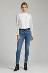 Long Sleeve Womens Top with Pleated Neckline and Textured Sleeves