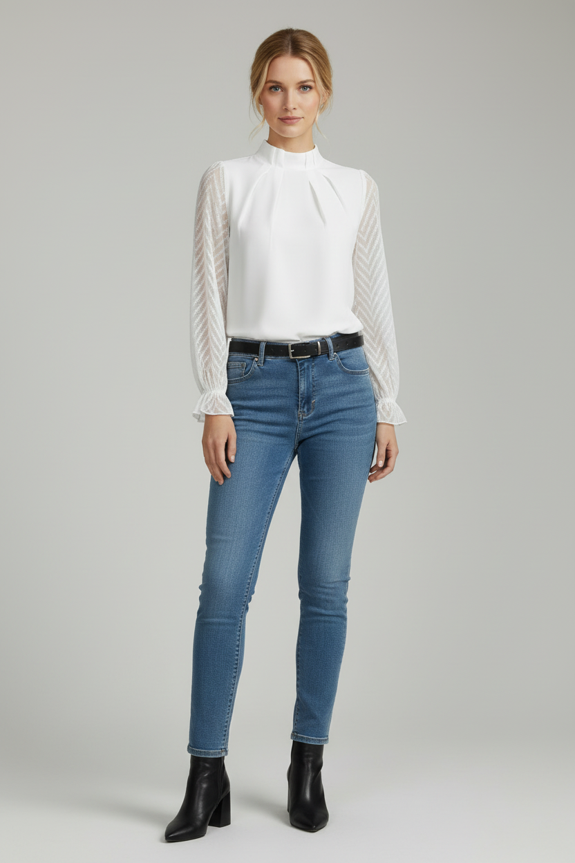 Long Sleeve Womens Top with Pleated Neckline and Textured Sleeves