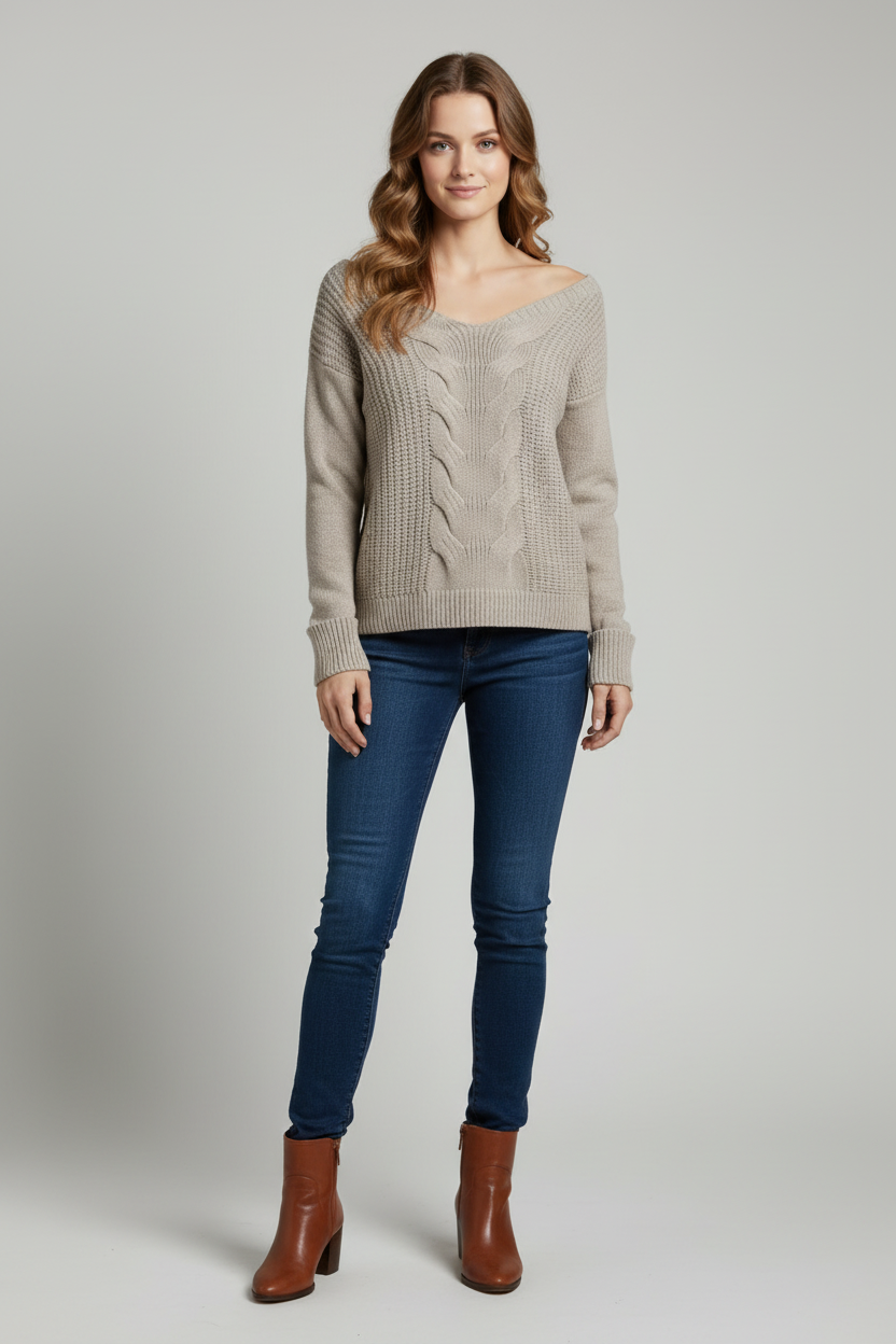 Relaxed Fit Knit Sweater with Round Neck and Long Sleeves