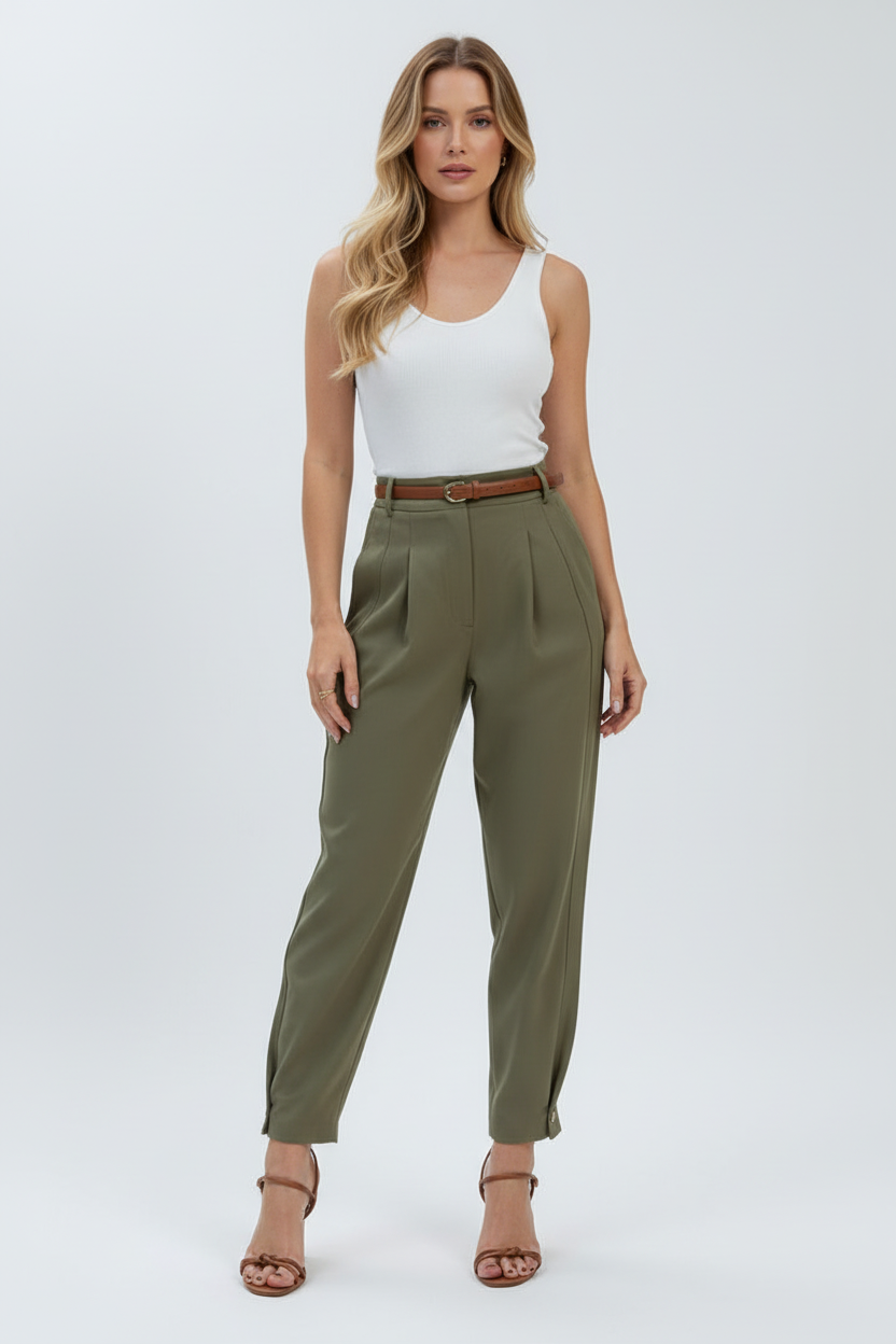 High Rise Tapered Pants with Belt and Front Pleats