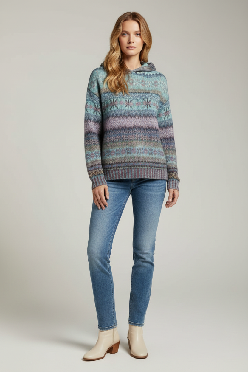 Multicoloured Knit Hoodie with Ribbed Cuffs and Hood