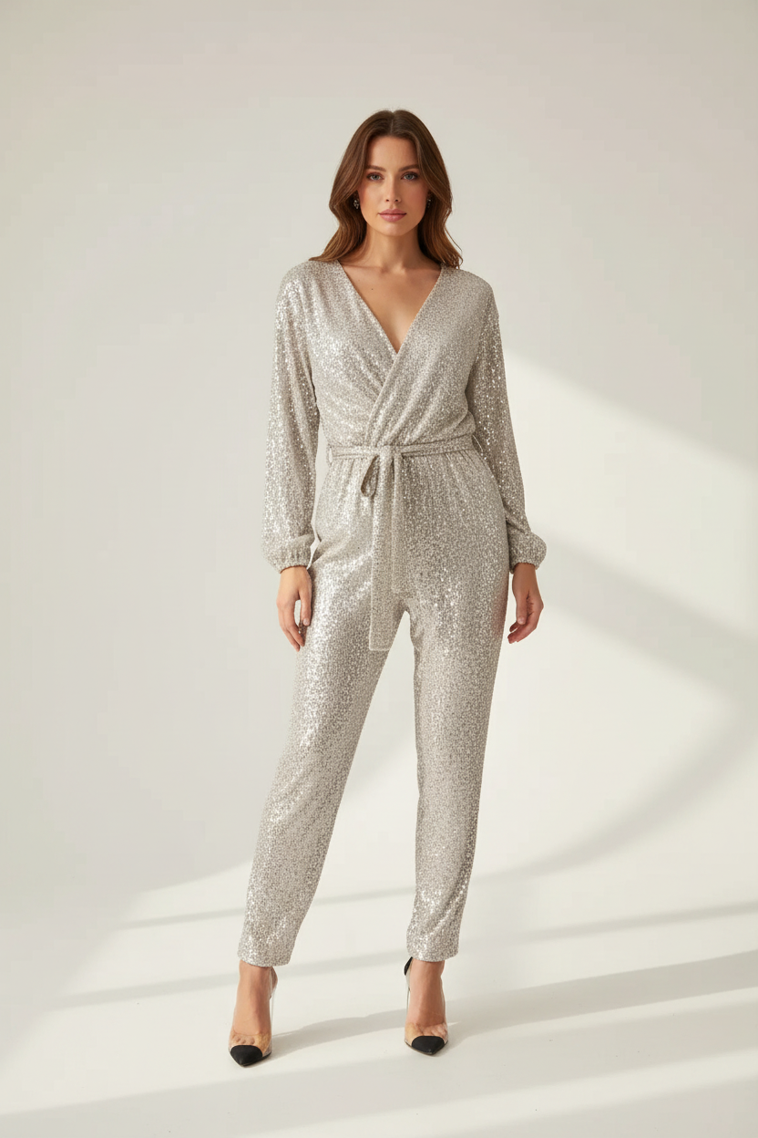 Deep V Neck Jumpsuit With Sequin Belt