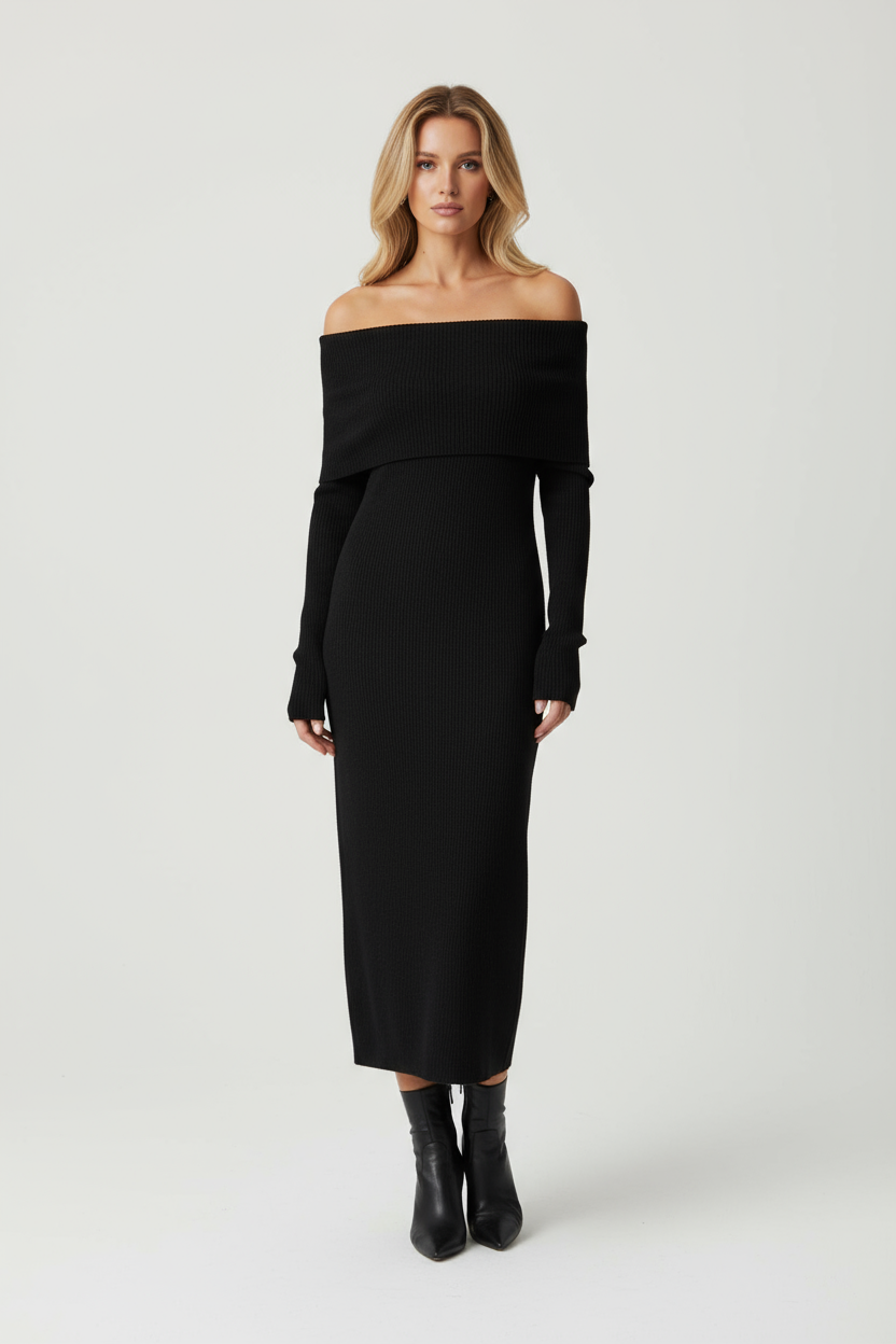 Off Shoulder Knit Maxi Dress Women Elegant Fit Cozy Style