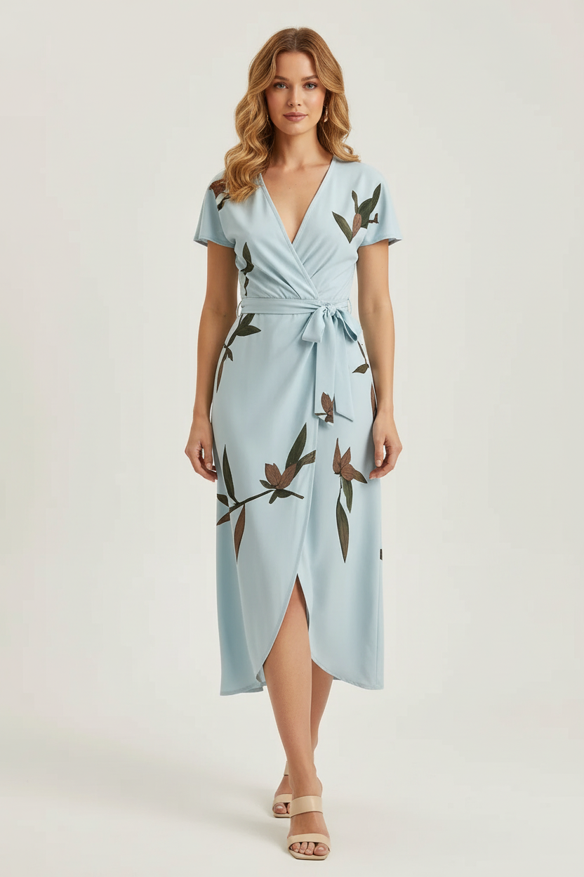 Leaf Print Wrap Dress with Flowing Silhouette