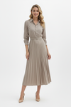 Collared Midi Dress with Button Front and Pleated Waist Skirt