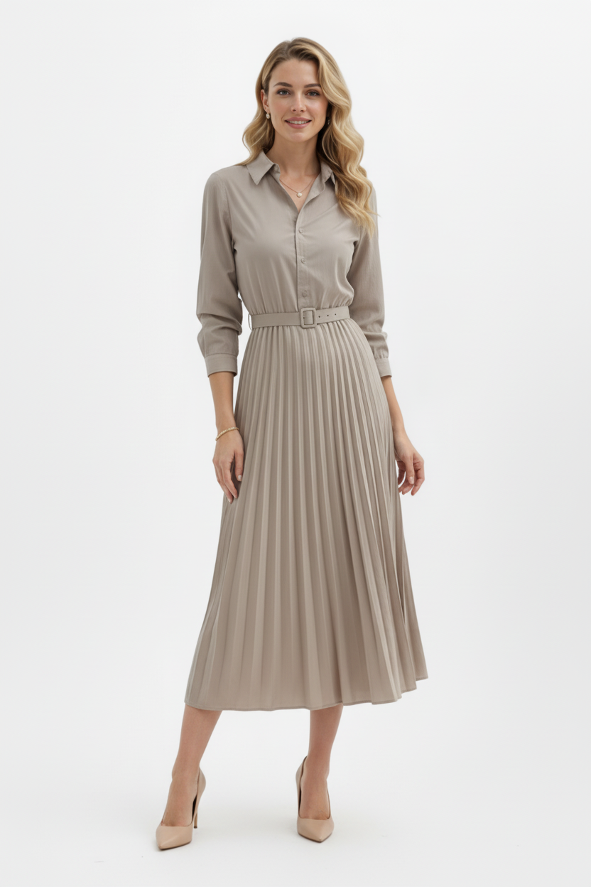 Collared Midi Dress with Button Front and Pleated Waist Skirt