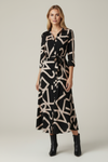 Patterned Midi Dress with Collar and Waist Tie