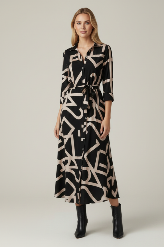 Patterned Midi Dress with Collar and Waist Tie
