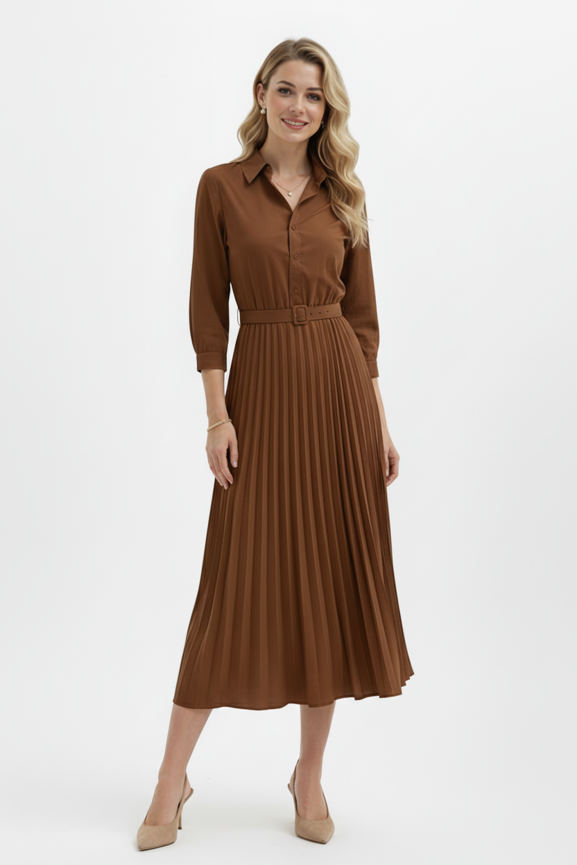 Collared Midi Dress with Button Front and Pleated Waist Skirt