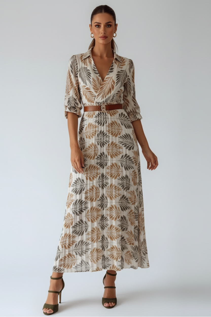 Patterned Maxi Dress with Elbow Length Sleeves