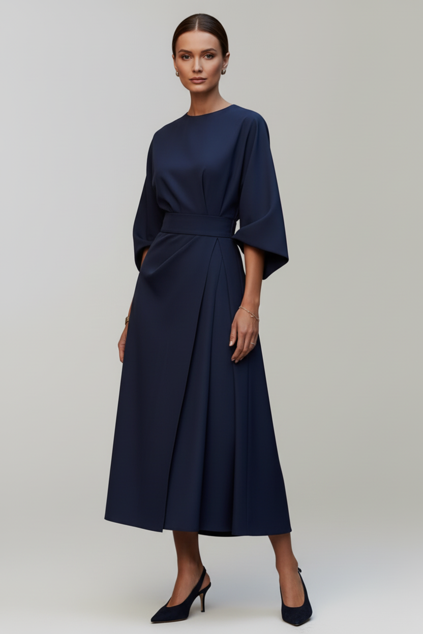 Belted Midi Dress with Wide Sleeves and Clean Silhouette