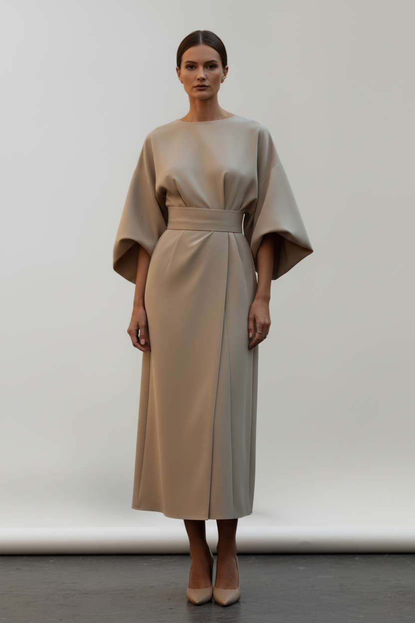 Belted Midi Dress with Wide Sleeves and Clean Silhouette