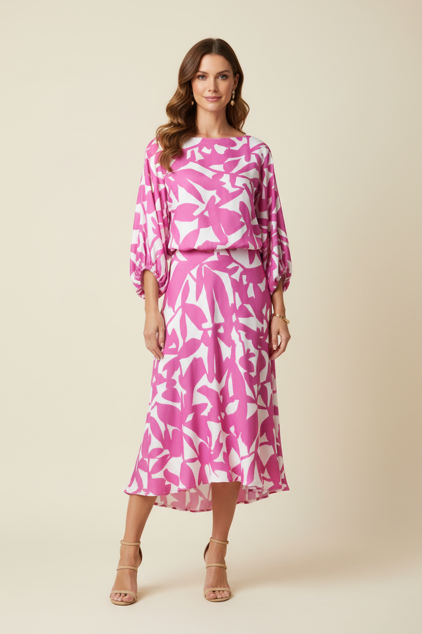 Printed Top and Skirt Set with Lantern Sleeves