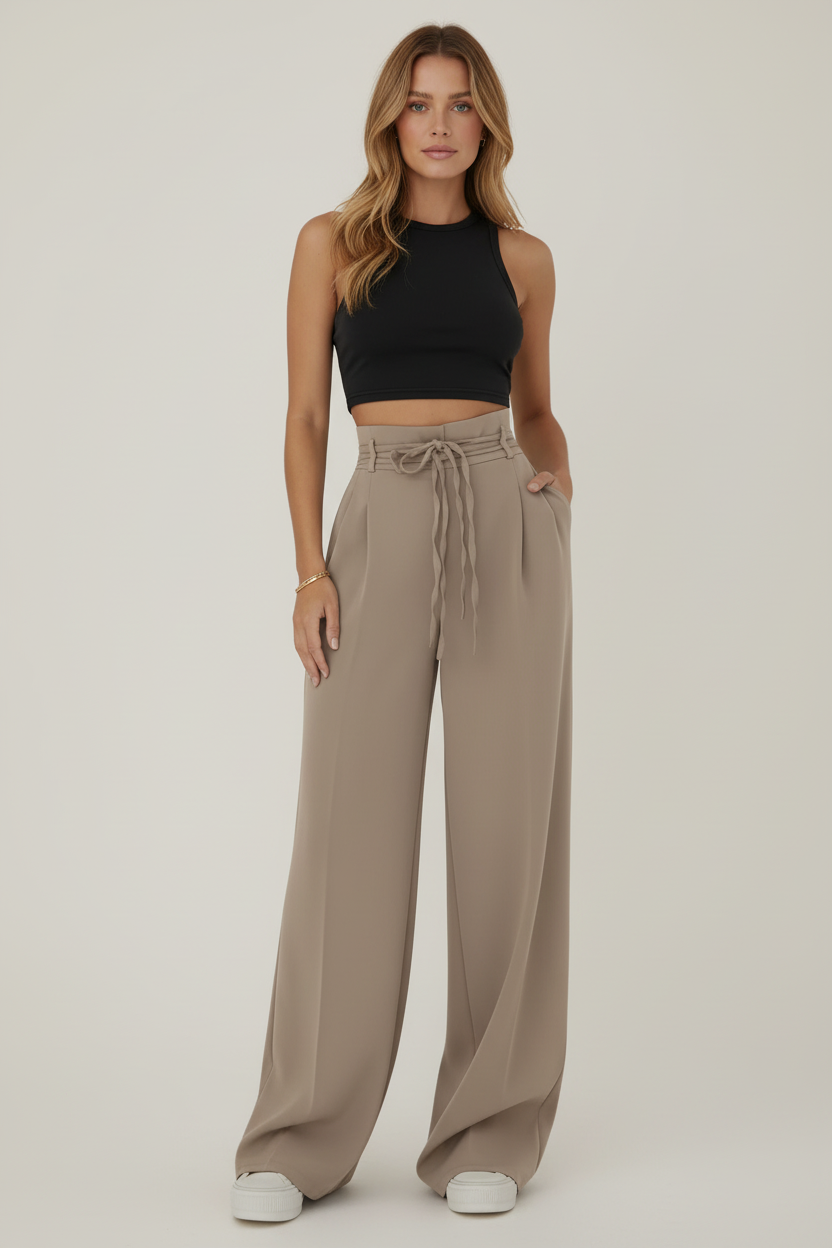 High Rise Wide Leg Trousers with Adjustable Waist Tie