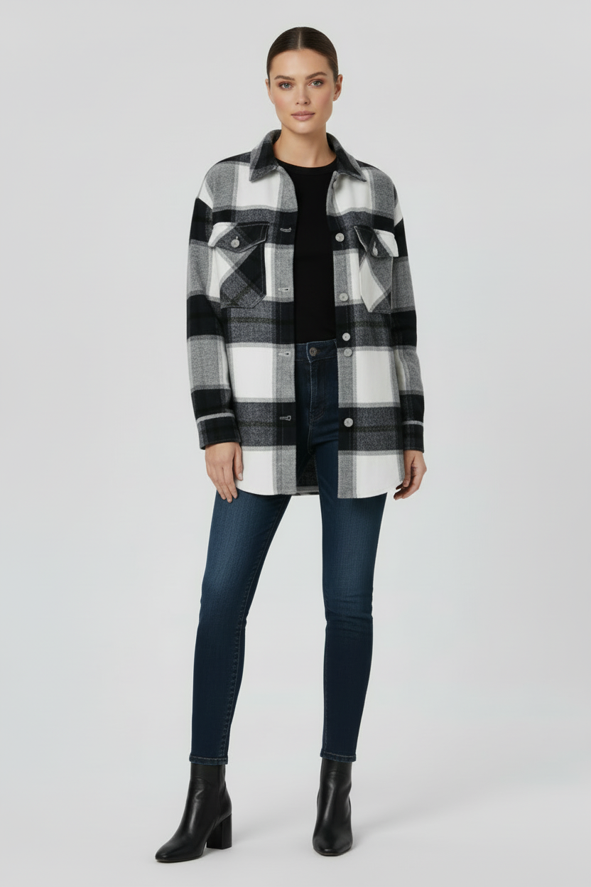 Check Shirt Jacket with Button Front and Collared Design